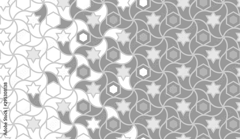 Geometric halftone grey texture. Islamic geometric arabesque vector seamless pattern.