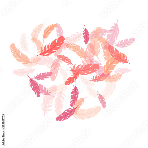 Fluffy twirled feathers on white design.