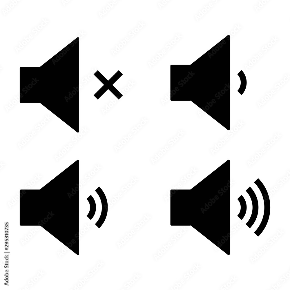 An icon that increases and reduces the sound. Icon showing the mute. A set of sound icons with different signal levels in a flat style. Vector. An icon that increases and reduces the sound. Icon showing the mute. A set of sound icons with different signal levels in a flat style. Vector.