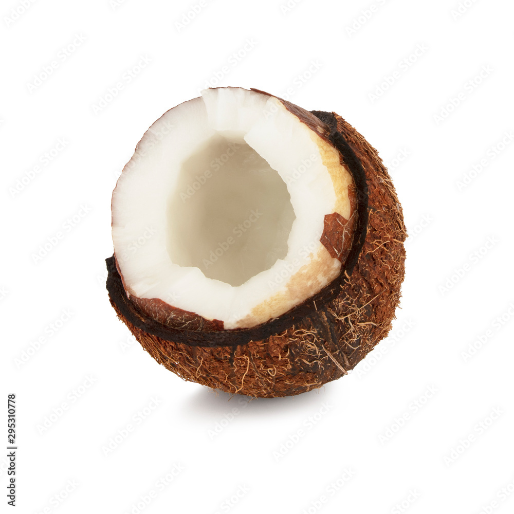 Opened brown little mini coconut isolated on white background Opened brown little mini coconut isolated on white background