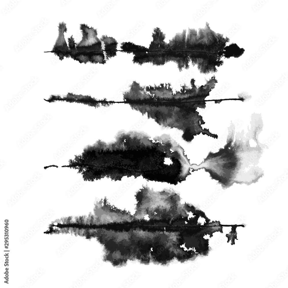 Set of four vector hand created runny ink art brushes with transparent gradations of one color. See all of them on brushes panel. Ready to use. Easy to recolor. Set of four vector hand created runny ink art brushes with transparent gradations of one color. See all of them on brushes panel. Ready to use. Easy to recolor.
