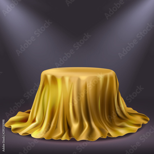 Round table, stage covered with golden cloth and searchlights glowing on pedestal surface. Exhibition scene with silk tablecloth for show or presentation, studio decor Realistic 3d vector illustration