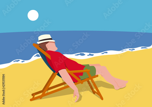 Un homme en vacances au bord de mer se repose en faisant la sieste, allongé dans une chaise longue sur la plage.