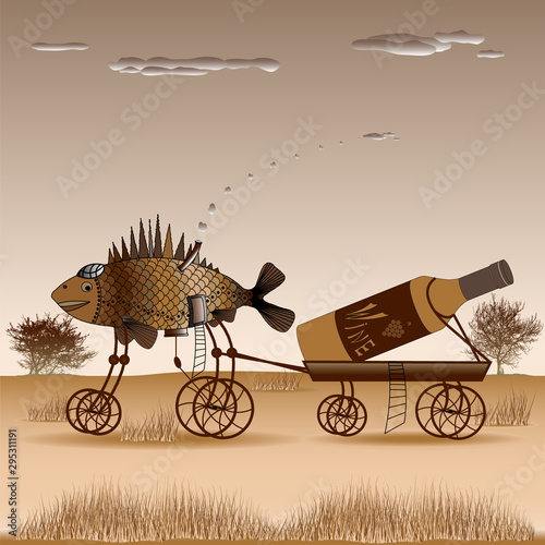 Fish is pulling a cart with a bottle of wine on the steppe. Illustration of paintings in the style of syurealizm Salvador Dali. photo