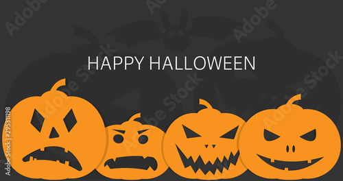 spooky happy halloween card with jack-o-lantern pumpkins and bat on dark background vector illustration