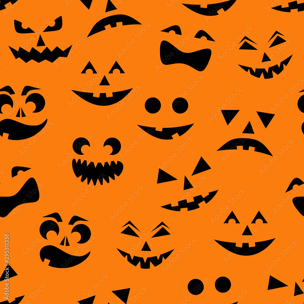 Seamless pattern with black halloween pumpkins carved faces silhouettes on orange background. Vector illustration Seamless pattern with black halloween pumpkins carved faces silhouettes on orange background. Vector illustration