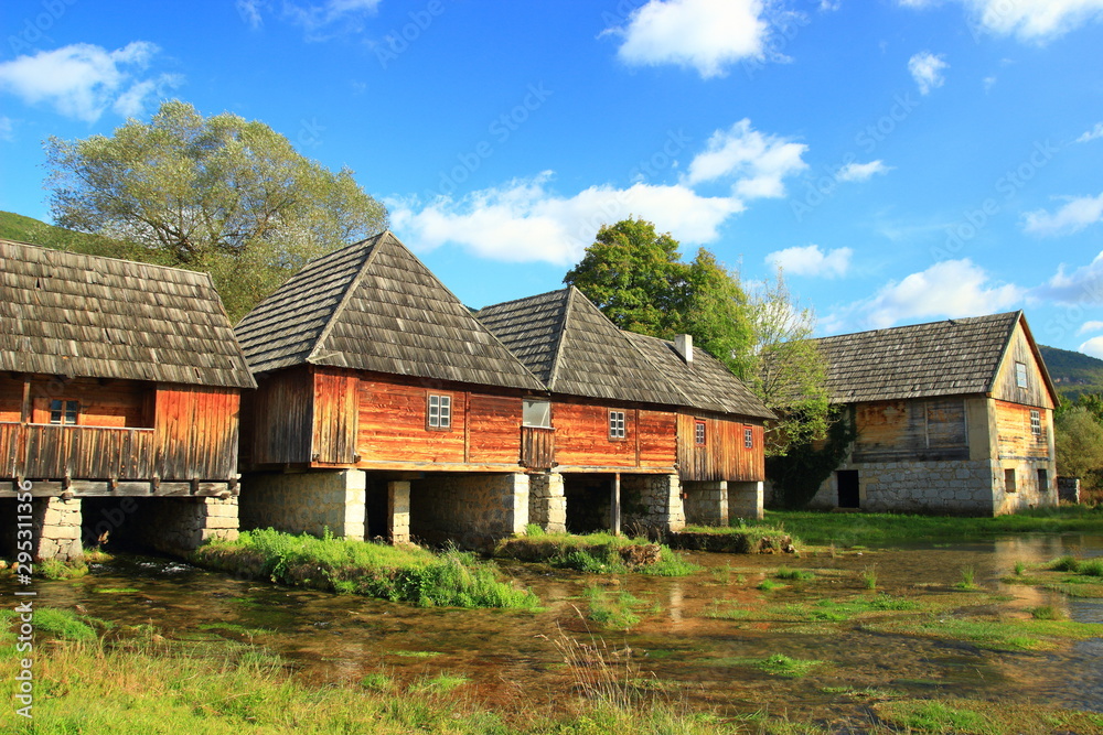 Wooden water mills on source of Gacka river in Lika region, Croatia