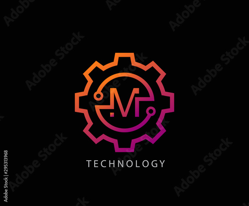 Letter M Gear technology vector logo template. This logo is suitable for factory, industrial, technology, website, digital, mechanic, wheel.