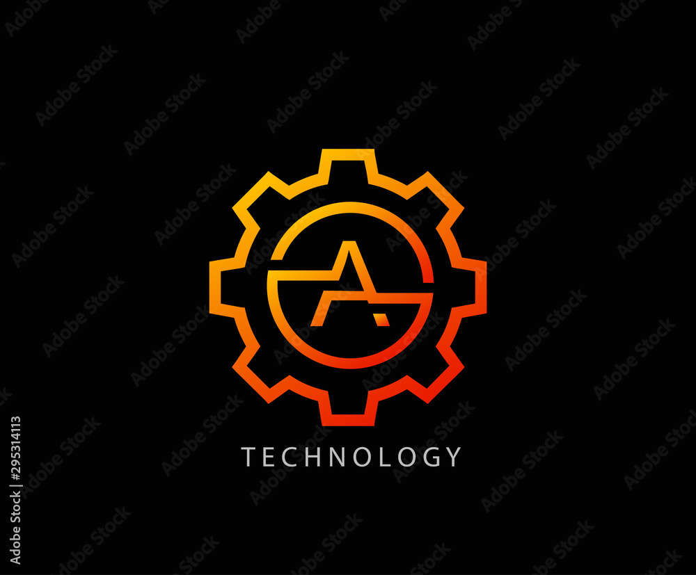 Letter A Gear technology vector logo template. This logo is suitable for factory, industrial, technology, website, digital, mechanic, wheel.