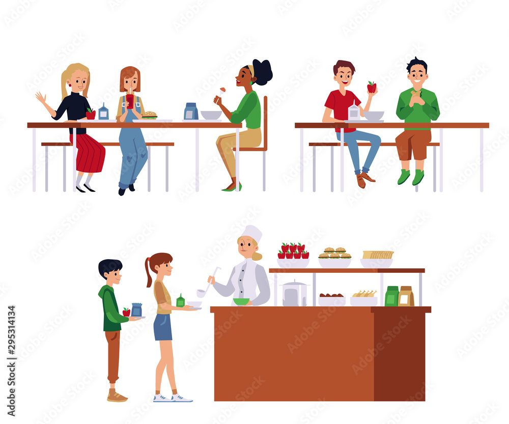 Set of situations in a school cafeteria, dining room or canteen. Set of situations in a school cafeteria, dining room or canteen.