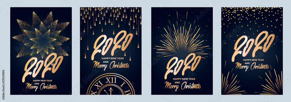 © sweet kiwi - 2020 new year. Fireworks, golden garlands, sparkling particles. Set of Christmas sparkling templates for holiday banners, flyers, cards, invitations, covers, posters. Vector illustration.