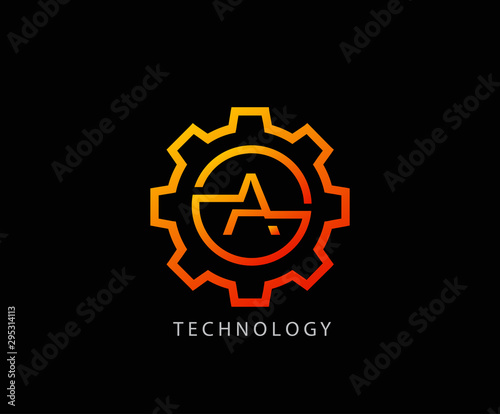 Letter A Gear technology vector logo template. This logo is suitable for factory, industrial, technology, website, digital, mechanic, wheel.