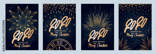 2020 new year. Fireworks, golden garlands, sparkling particles. Set of Christmas sparkling templates for holiday banners, flyers, cards, invitations, covers, posters. Vector illustration.