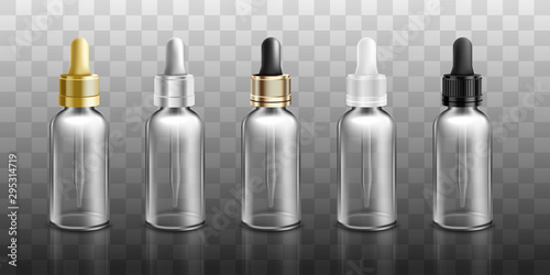Glass dropper bottle mockup set isolated on transparent background.