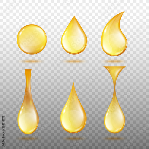Realistic oil drop set with different shapes and golden yellow color