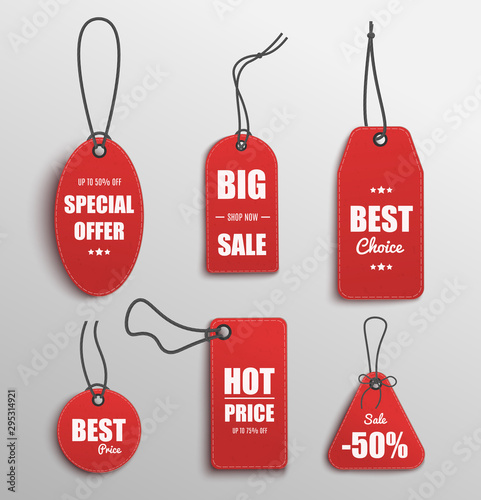 Red price tag set with special offer and best choice text template