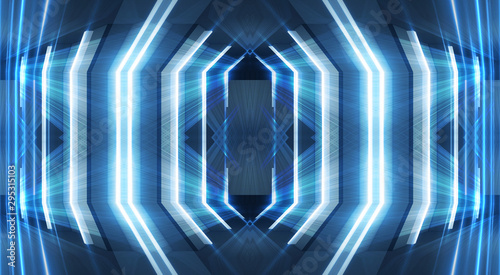 Fototapeta Naklejka Na Ścianę i Meble -  Abstract light tunnel, blue background, stage, portal with rays, neon lights and spotlights. Dark empty scene with neon. Symmetric reflection, perspective. 3D rendering.