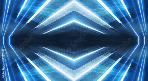 Abstract light tunnel, blue background, stage, portal with rays, neon lights and spotlights. Dark empty scene with neon. Symmetric reflection, perspective. 3D rendering.