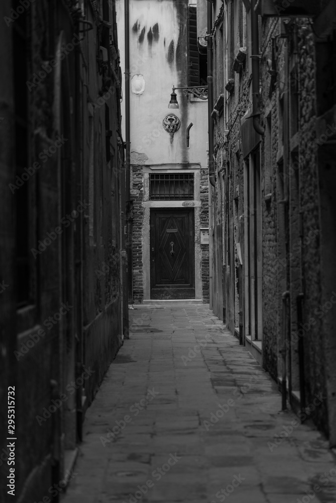 small street with a door at the end in venice Italy Europe. Architecture of venice Italy black and white