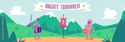 Knight tournament - flat cartoon banner with two fighters in metal armor