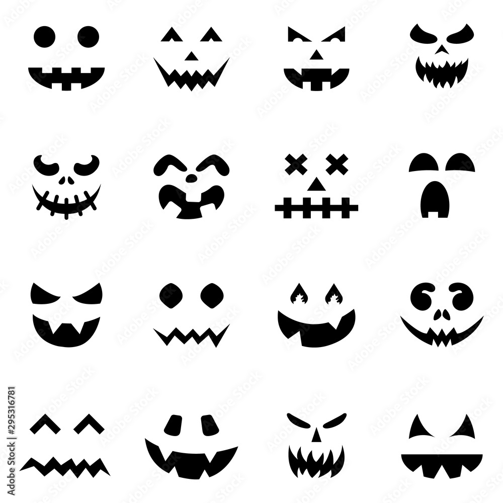 Fototapeta premium Set of pumpkin faces silhouette icons for Halloween isolated on white background. Scary pumpkin devil smile, spooky jack o lanter. Vector illustration for any design.