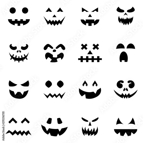 Set of pumpkin faces silhouette icons for Halloween isolated on white background. Scary pumpkin devil smile, spooky jack o lanter. Vector illustration for any design.