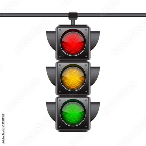 Hanging traffic lights with all three colors on.
