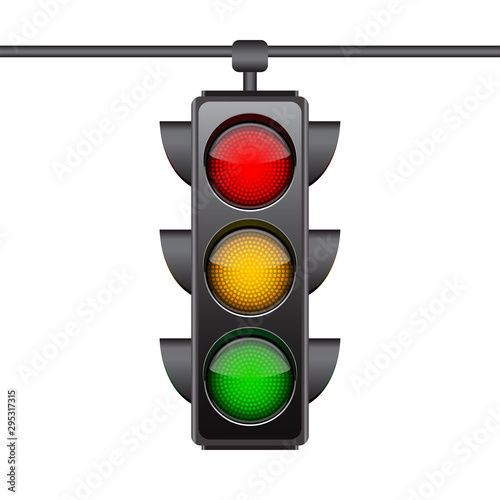 Hanging traffic lights with all three colors on.