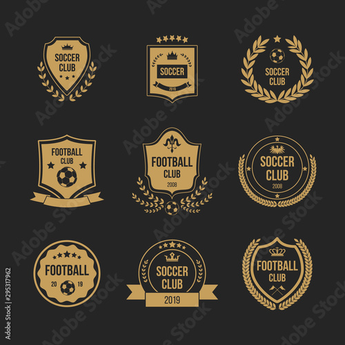 Football club badge set - royal shield shape with crown symbol and soccer ball