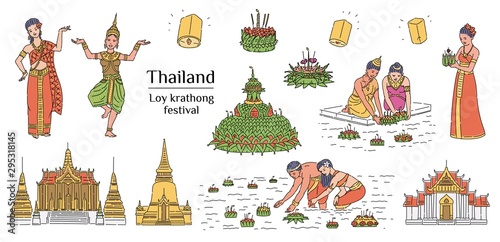Loy krathong - Thailand light festival symbol set isolated on white background.