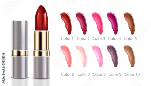 Lipstick silver and gold tube and tints examples 3d vector illustration isolated.