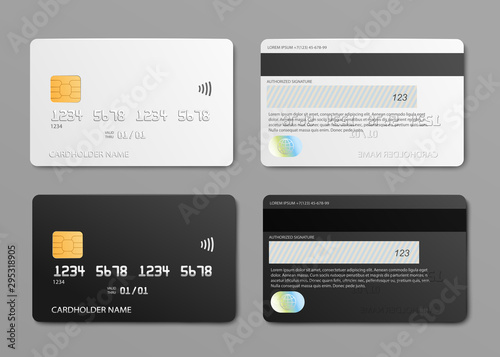 Set of plastic credit cards view 3d realistic vector illustration isolated.
