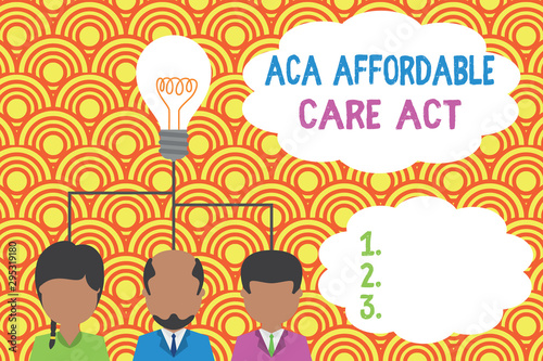 Writing note showing Aca Affordable Care Act. Business concept for providing cheap treatment to patient several places Group three executive persons sharing idea icon. Startup team meeting