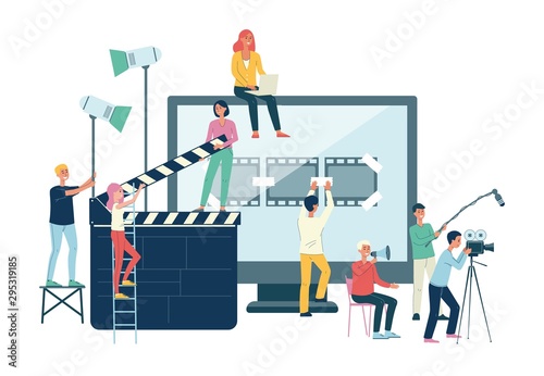 Movie production crew banner - cartoon people with giant cinema equipment