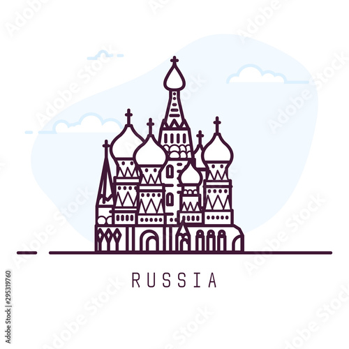 Russia city line style illustration. Famous Saint Basil's Cathedral in Red Square in Moscow. Architecture symbol of of Russia. Outline building. Sky clouds on background. Travel and tourism banner.