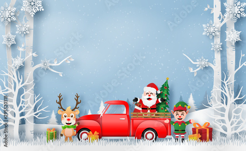 Origami paper art of Christmas red truck with Santa Claus, Reindeer and Elf, Merry Christmas and Happy New Year
