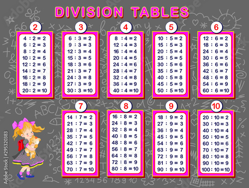 Division tables for little children. Educational page for mathematics baby book. Back to school. Printable sheet for kids math textbook. Developing counting skills. Vector cartoon image.