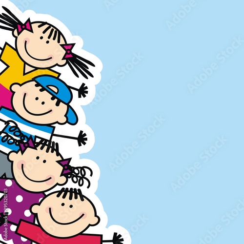 Happy little kids , banner, blue background, funny vector illustration