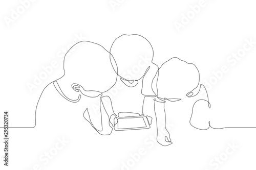 one continuous line drawing of the silhouette of three persons bent over a technical device. Three guys are looking at the tablet screen. It can be used for animation. Vector