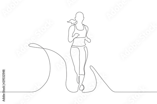 Continuous line art woman in sportswear runs along the road. A runner in full growth is facing the viewer. It can be used for animation. Vector