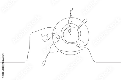 continuous line art hand with a cup, spoon and saucer. Coffee or tea with steam. It can be used for animation. Vector