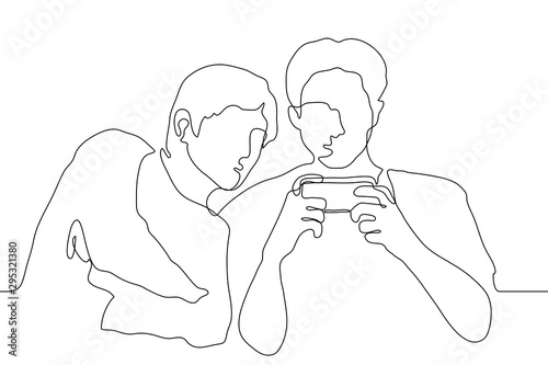 continuous line art silhouette of two young men who are sitting, one of them is holding a smartphone, both are looking at the screen. It can be used for animation. Vector