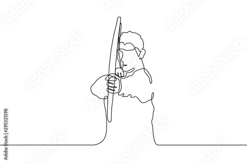 continuous line art silhouette of an archer with bow and bowstring. A man aims at the viewer. The concept of goals, sports. It can be used for animation. Vector