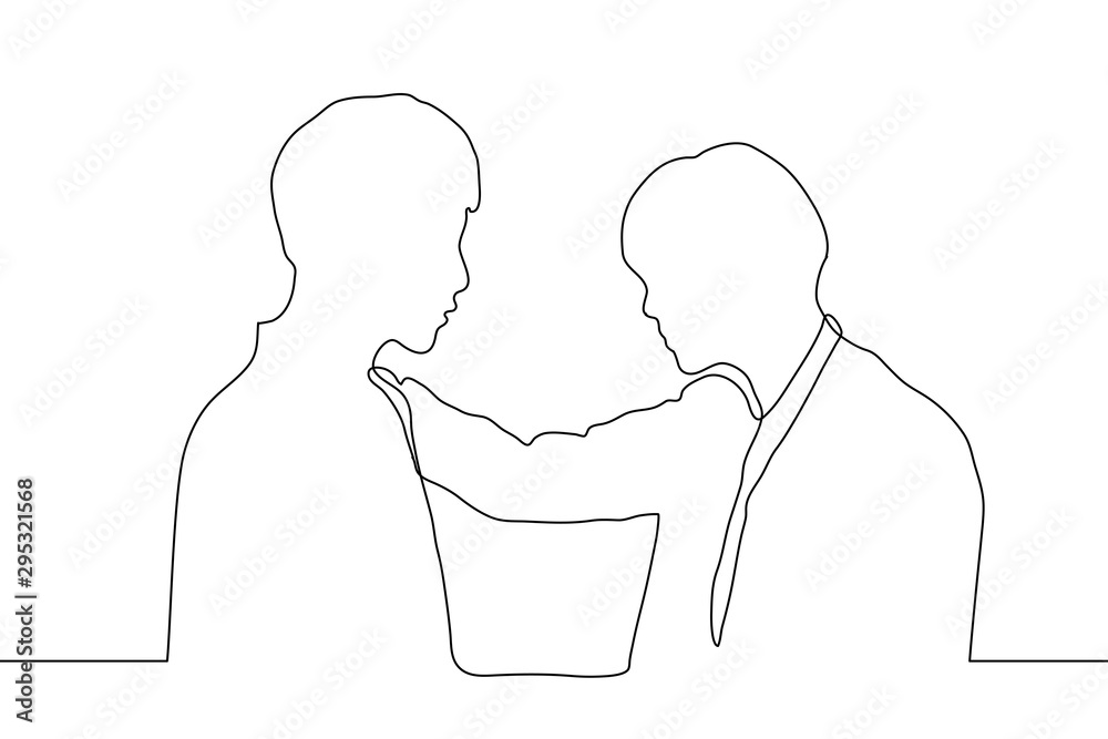 a continuous line drawing of the silhouette of two men standing facing each other, one of them put his hand on the other's shoulder. It can be used for animation. Vector