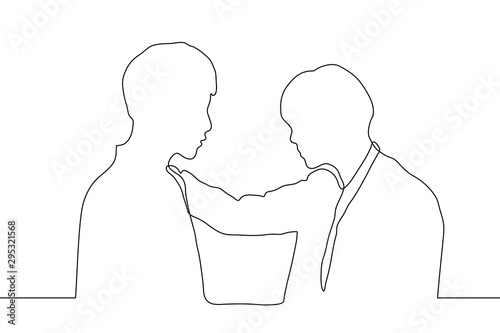 a continuous line drawing of the silhouette of two men standing facing each other, one of them put his hand on the other's shoulder. It can be used for animation. Vector