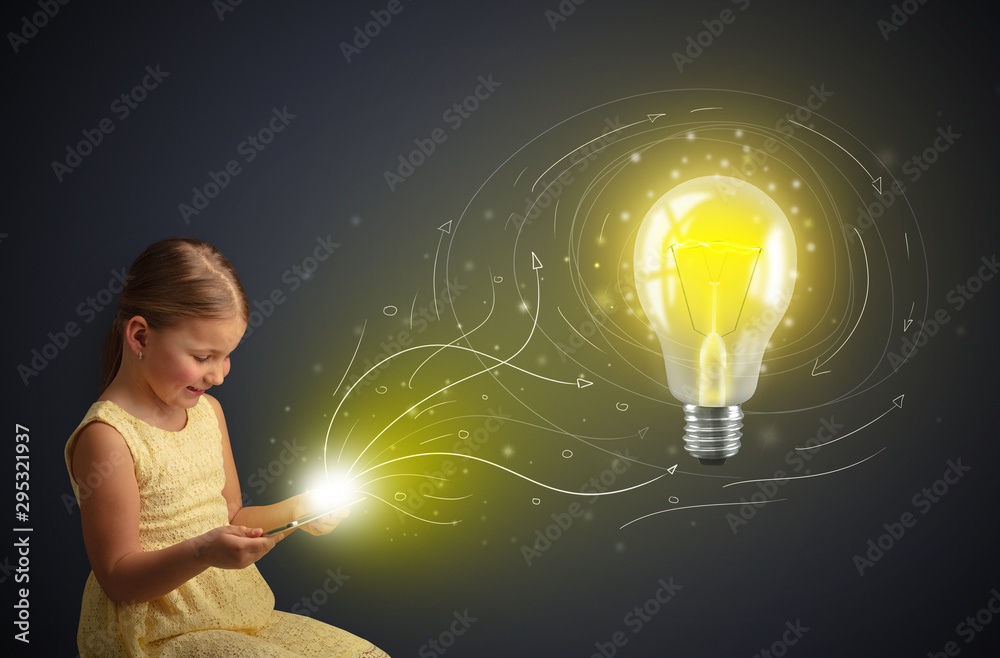 Adorable girl working on tablet with new idea concept - obrazy, fototapety, plakaty 