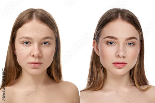 Girl posing without makeup and with nude makeup