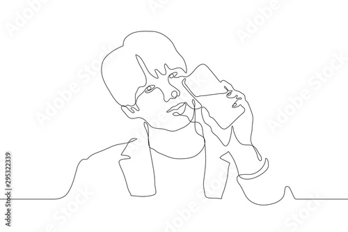 continuous line art handsome young man holding a telephone in his hand and looking at the viewer with a smile. It can be used as a mocap and for animation. Vector