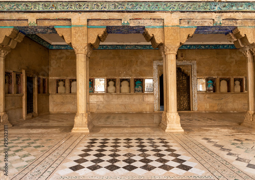 Geometric tiles in Taragarh fort, Rajasthan, Bundi, India photo