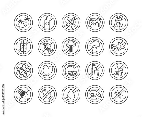 Allergen food free line black icons set. Allergenic ingredients. Food intolerance. Signs for web page, mobile app, button, logo.